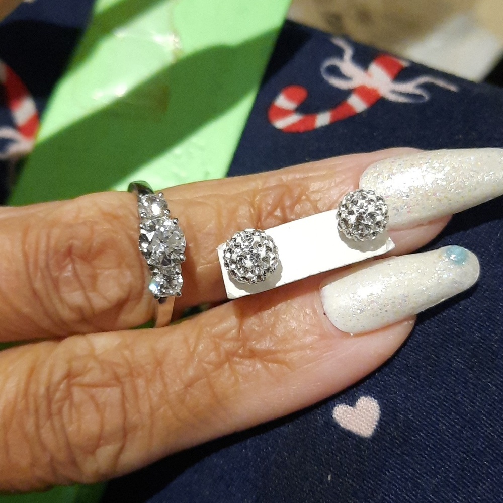 GENUINE SOLID STERLING SILVER CZ DIAMONELLE TRINITY ANNIVERSARY RING & EARRINGS